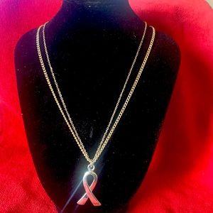 Silver Double Strand Necklace with Ribbon Pendant